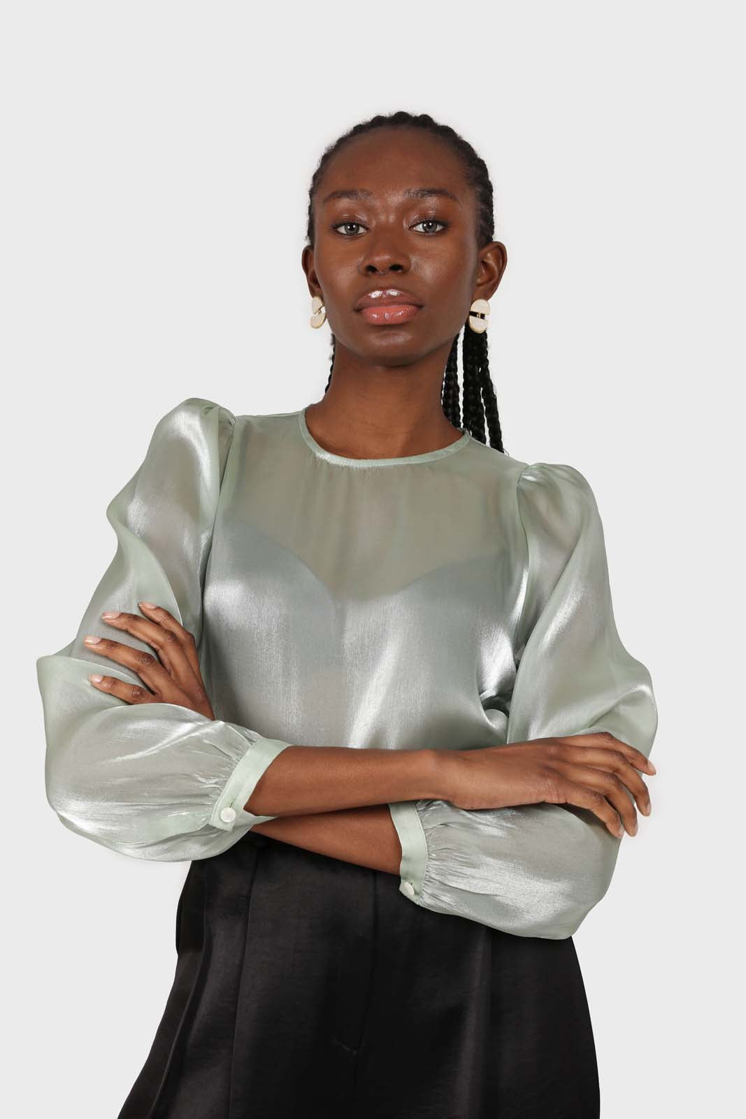 Mint green balloon sleeve silky top_1