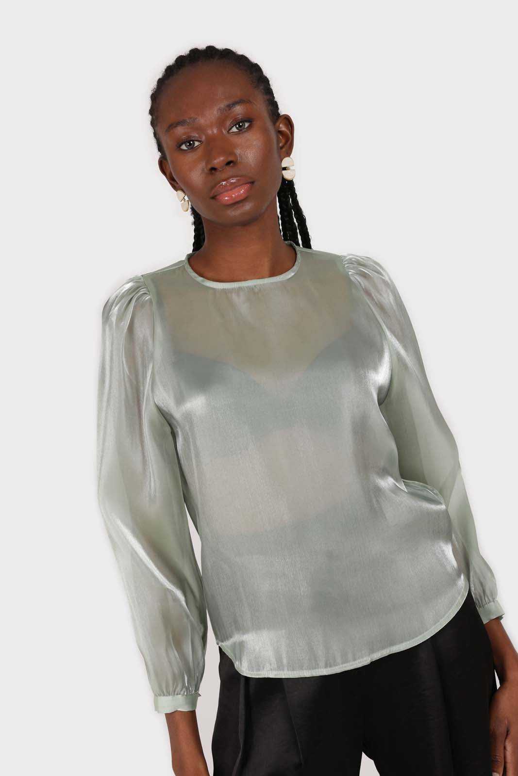 Mint green balloon sleeve silky top_5