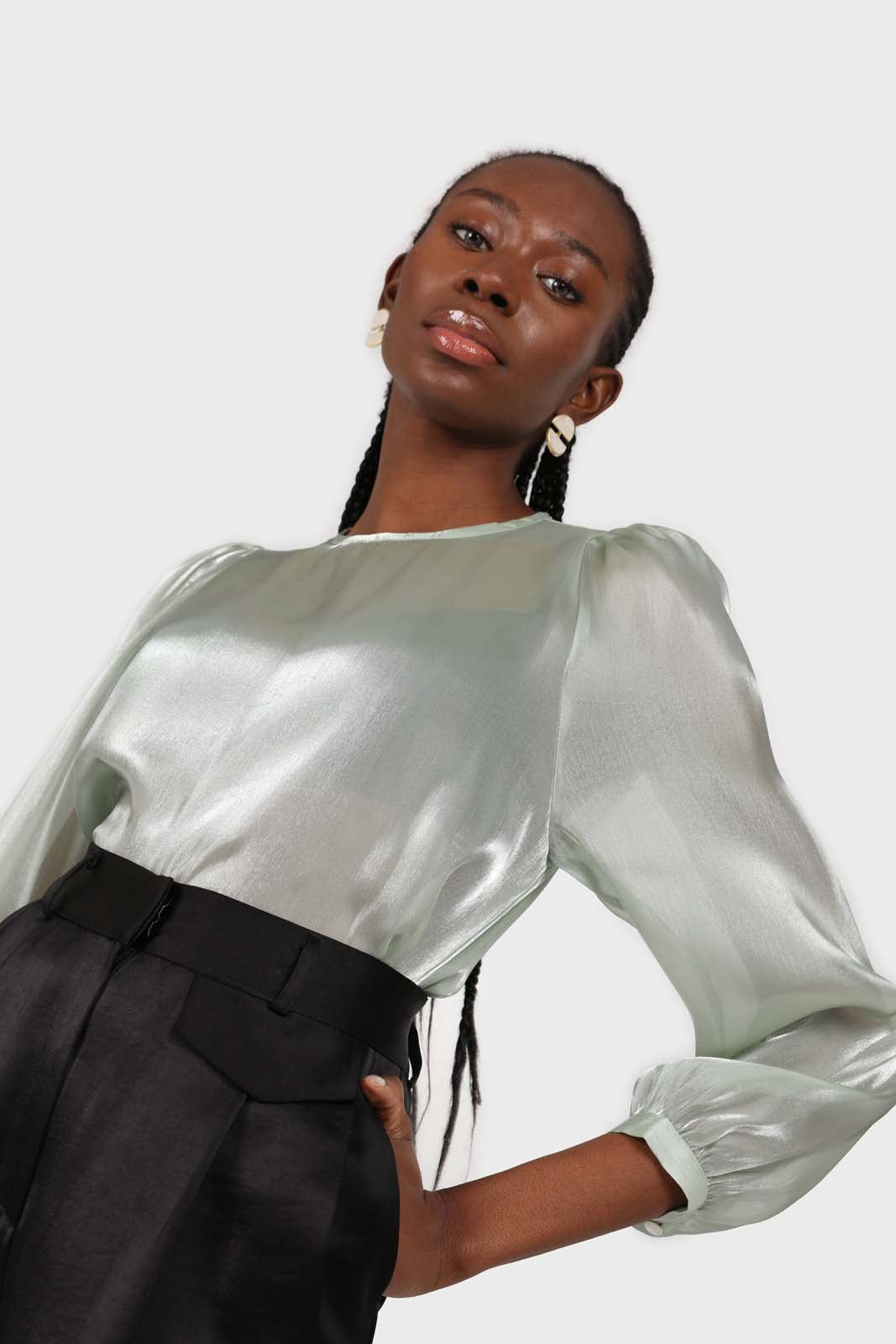 Mint green balloon sleeve silky top_3