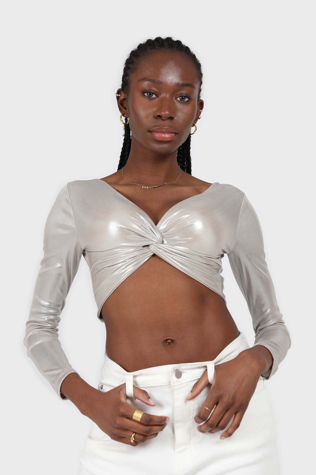 Silver twist front long sleeved crop top_1