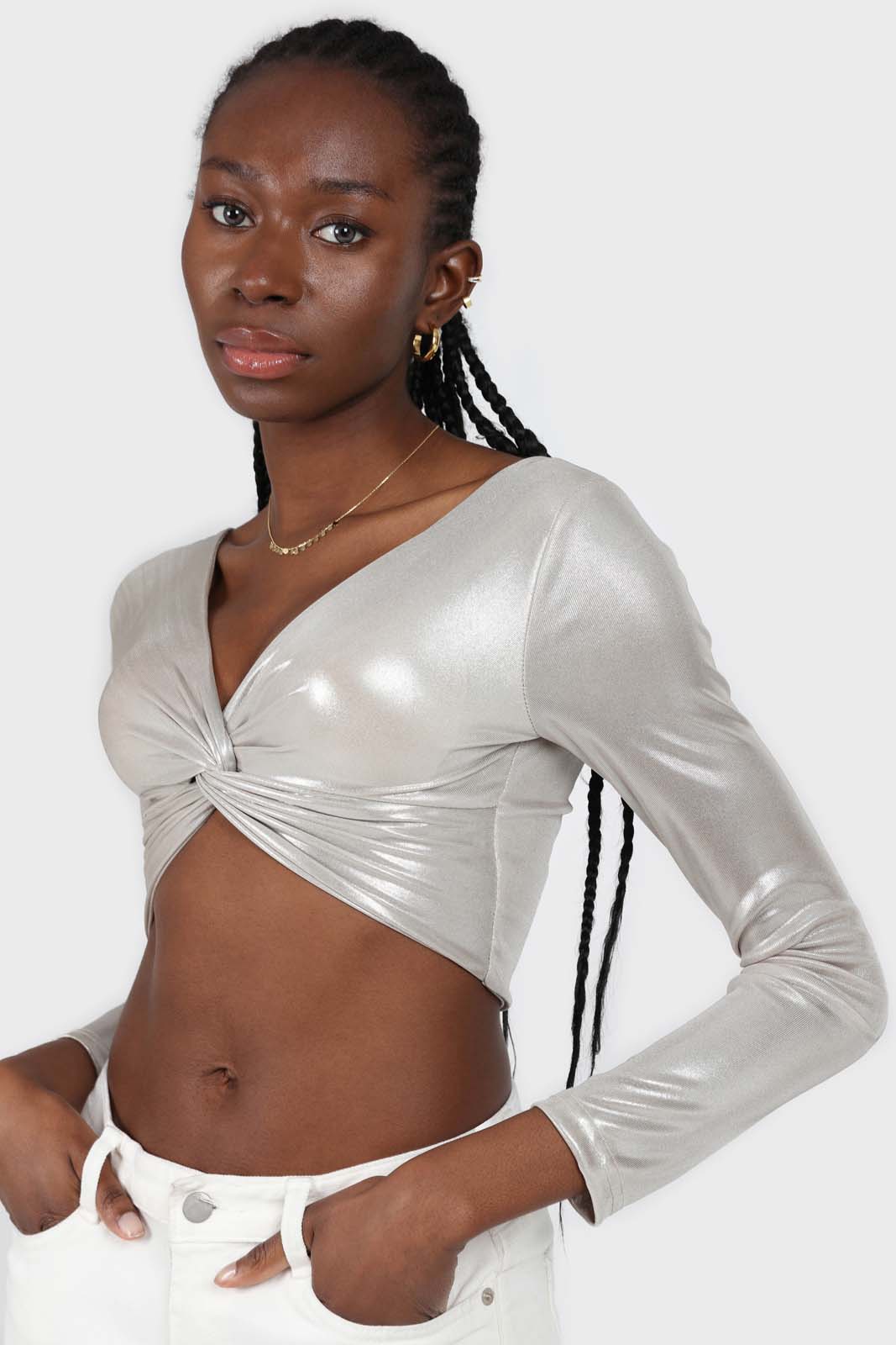 Silver twist front long sleeved crop top_3