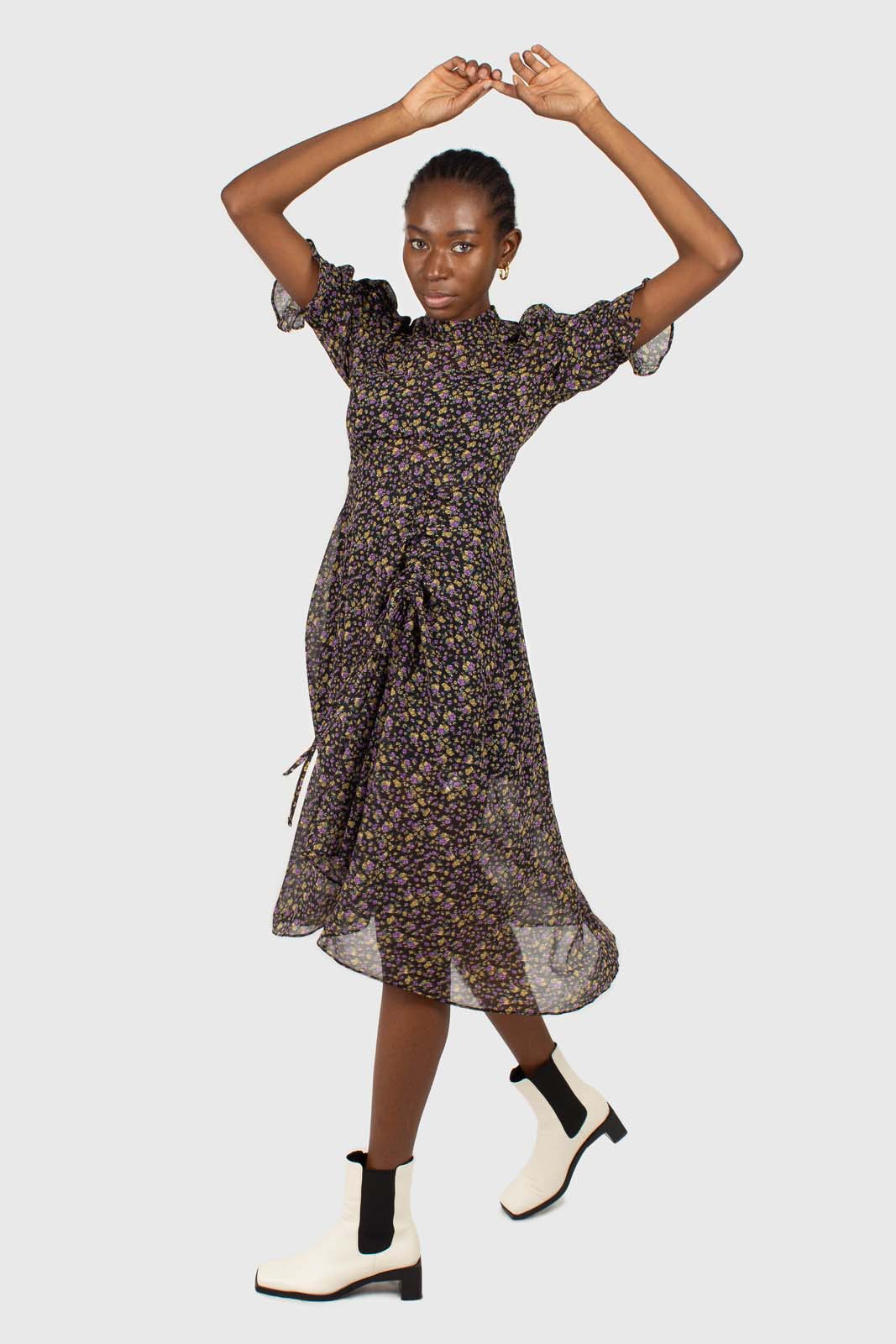 Black and purple yellow floral sheer midi dress_3
