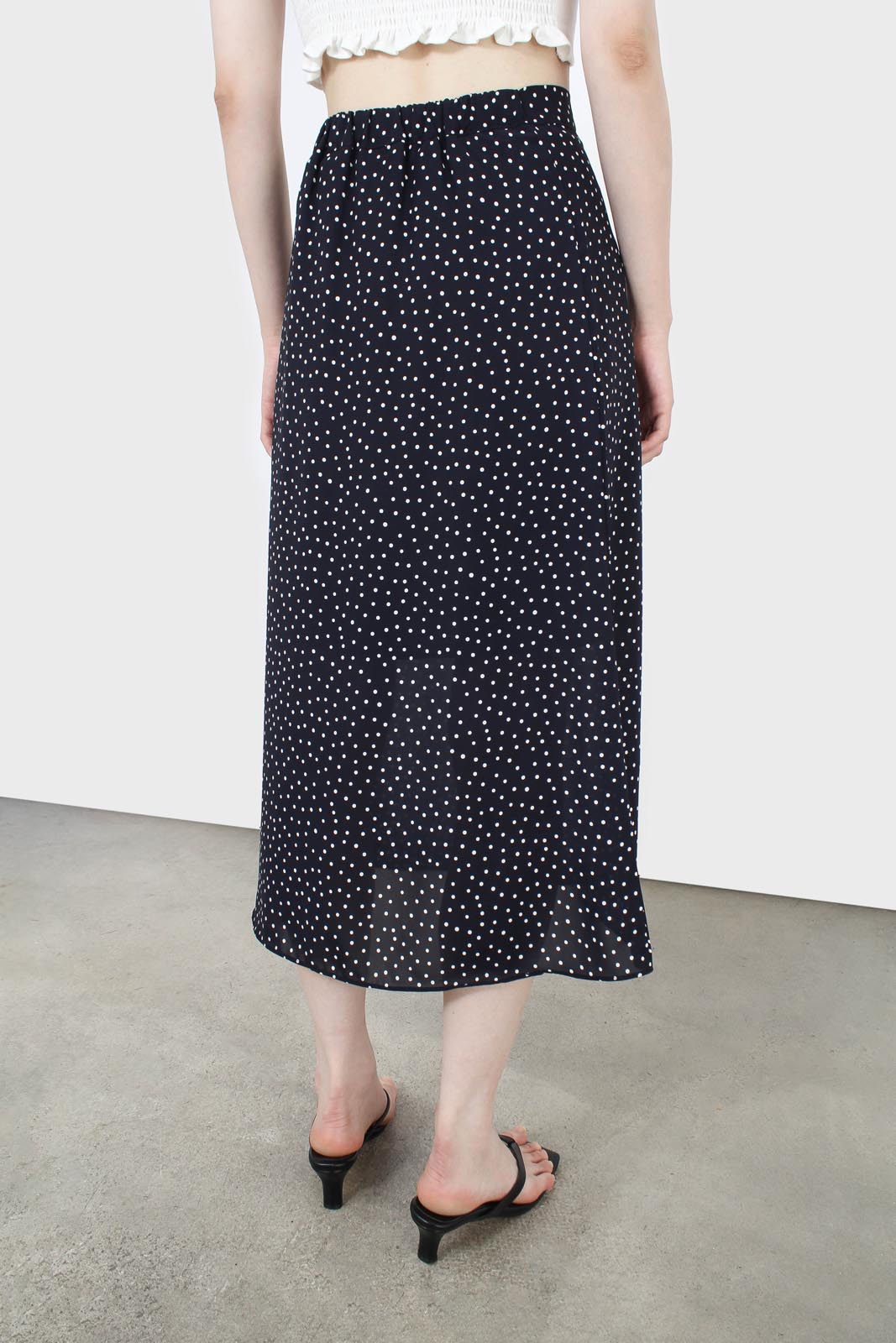 Navy and white polka dot flare midi skirt_4
