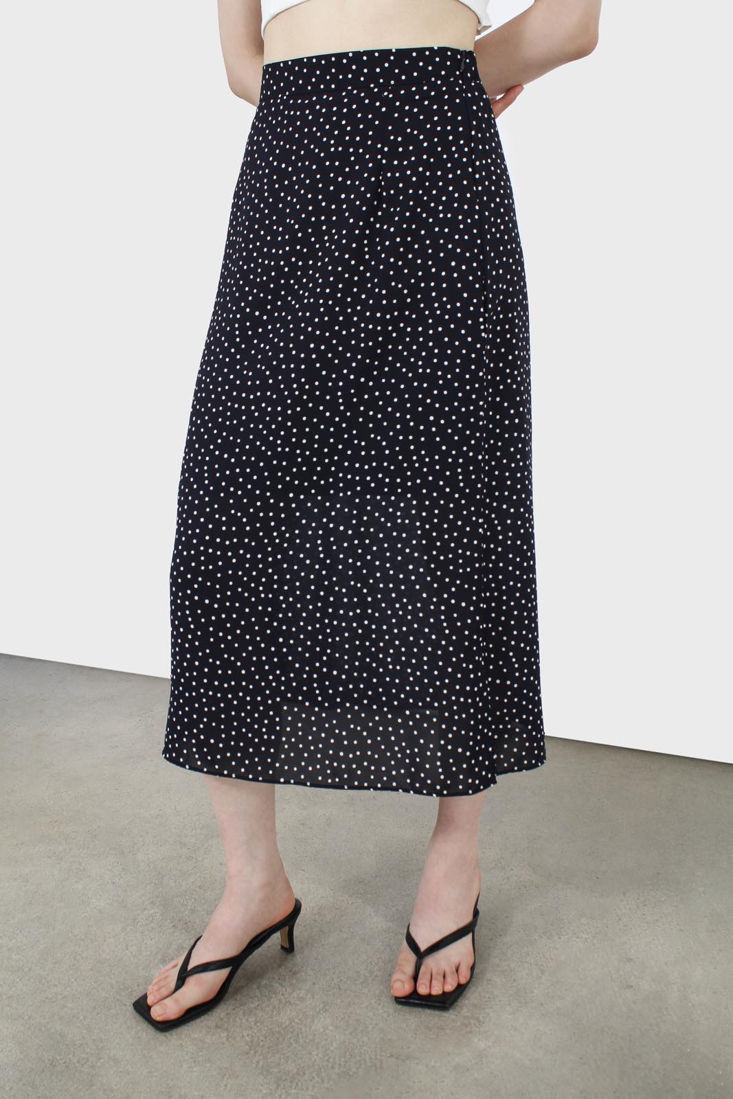 Navy and white polka dot flare midi skirt_1