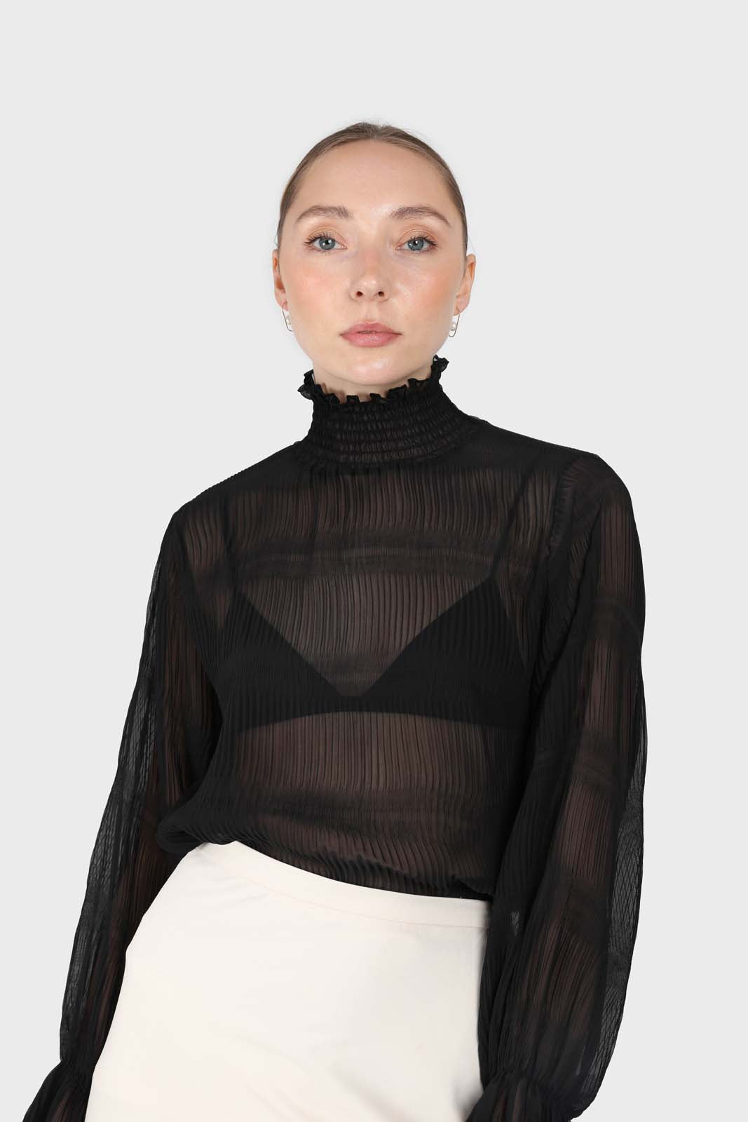 Black shirring neck sheer tiered blouse_2