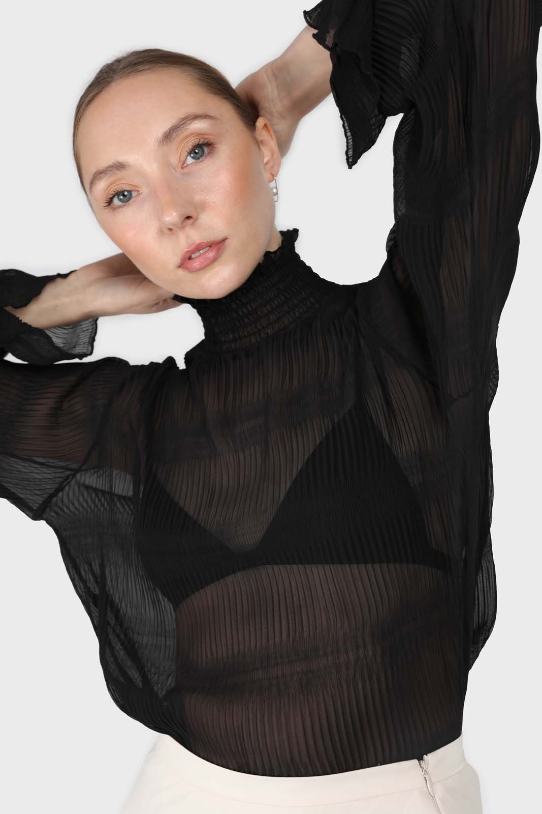 Black shirring neck sheer tiered blouse_3