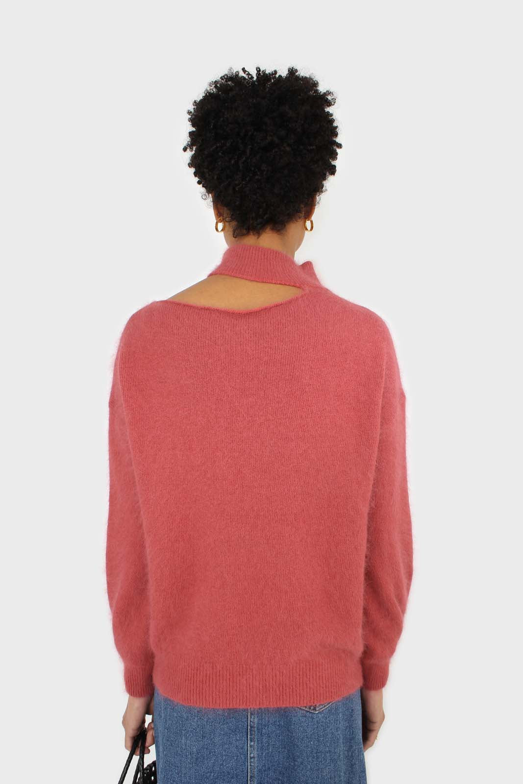 Pink furry angora slit shoulder turtleneck jumper_3