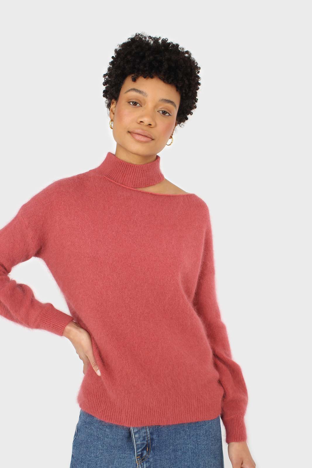 Pink furry angora slit shoulder turtleneck jumper_1