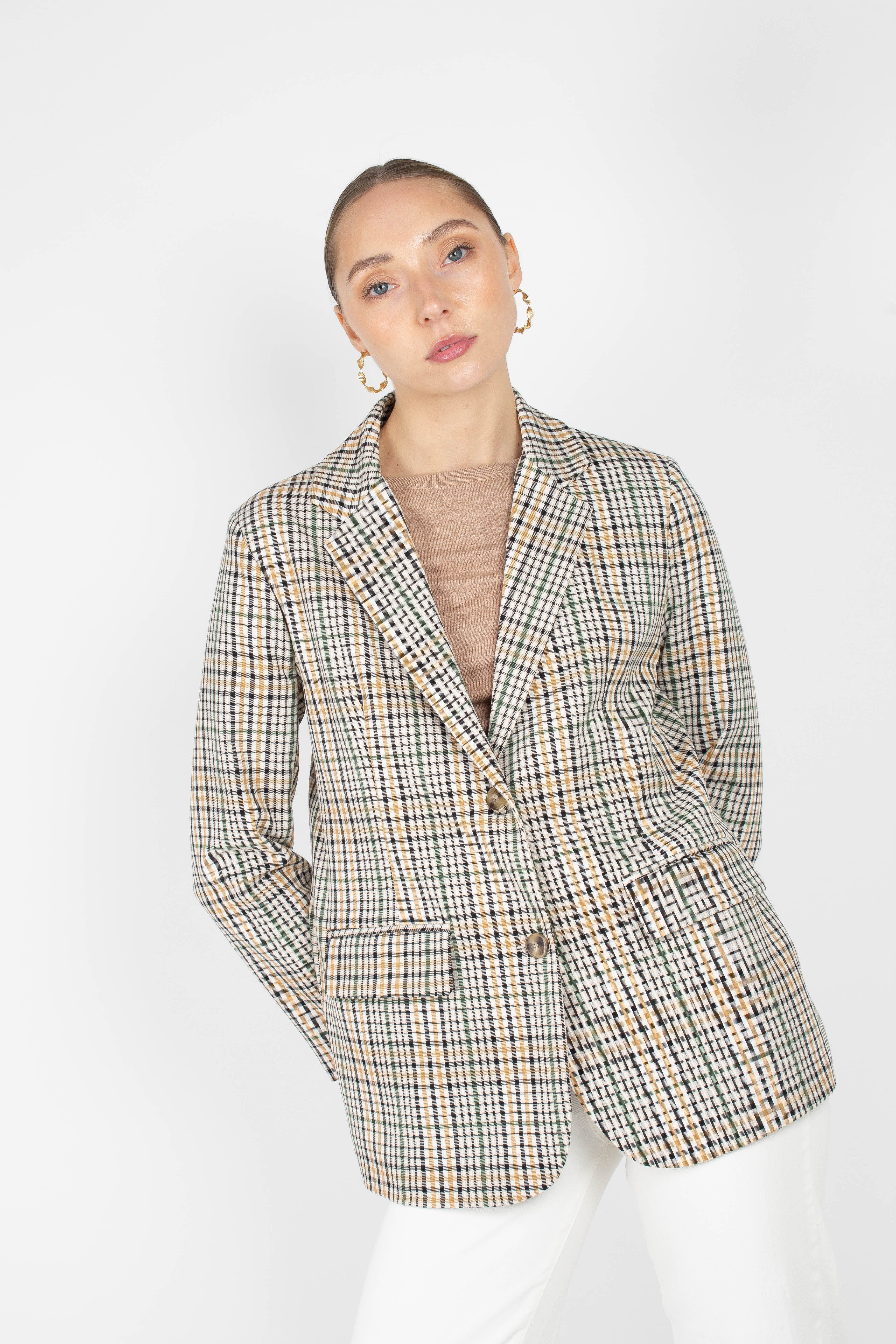 Green mustard and beige check blazer_1