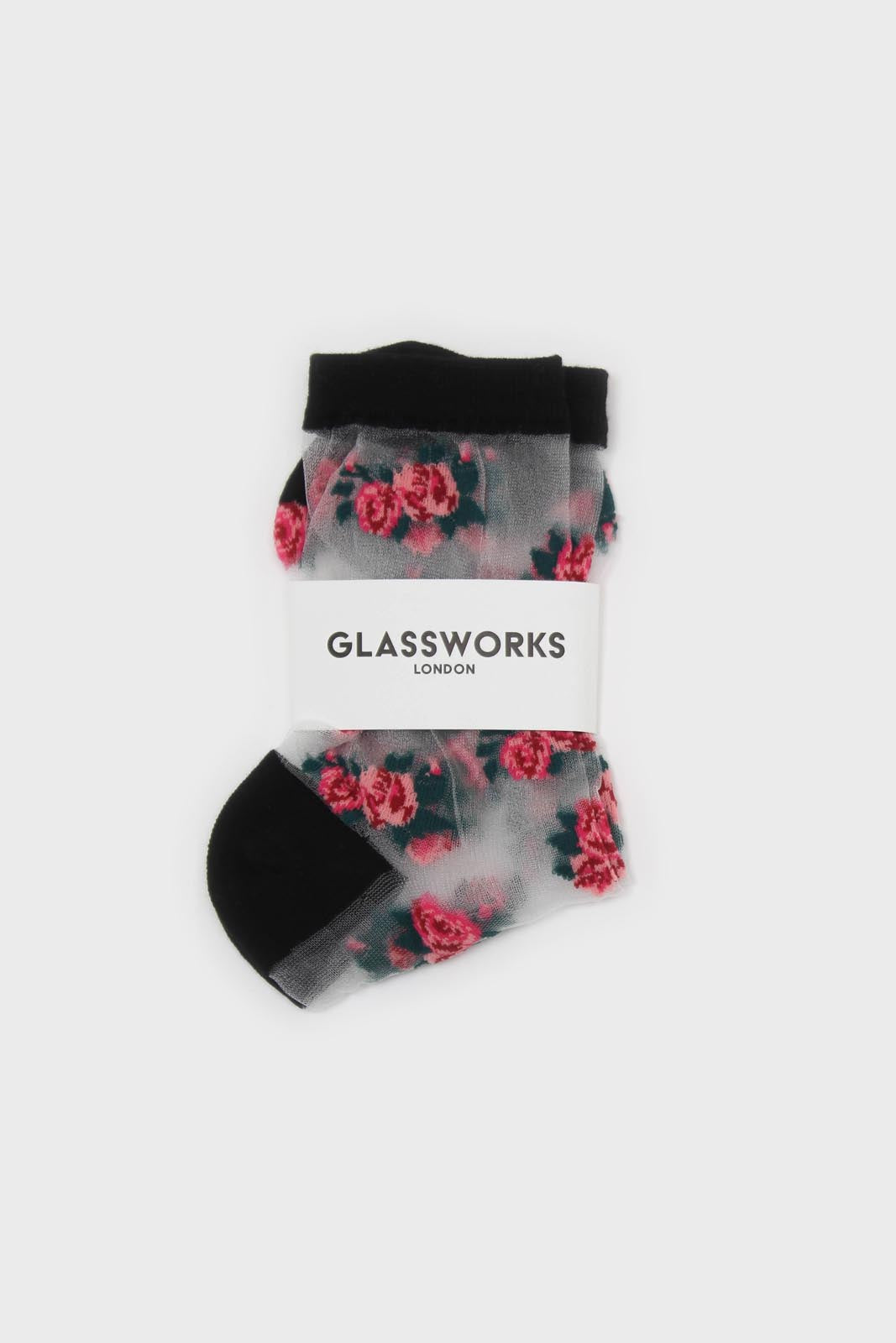 Black and pink rose floral sheer socks_3