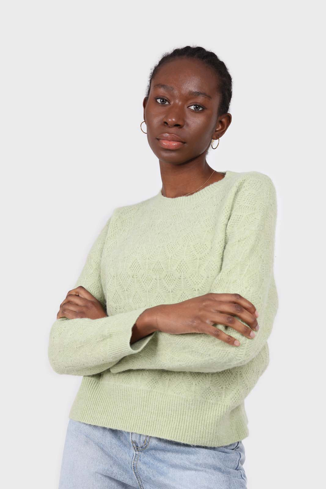 Mint green patterned brush crew neck jumper_1