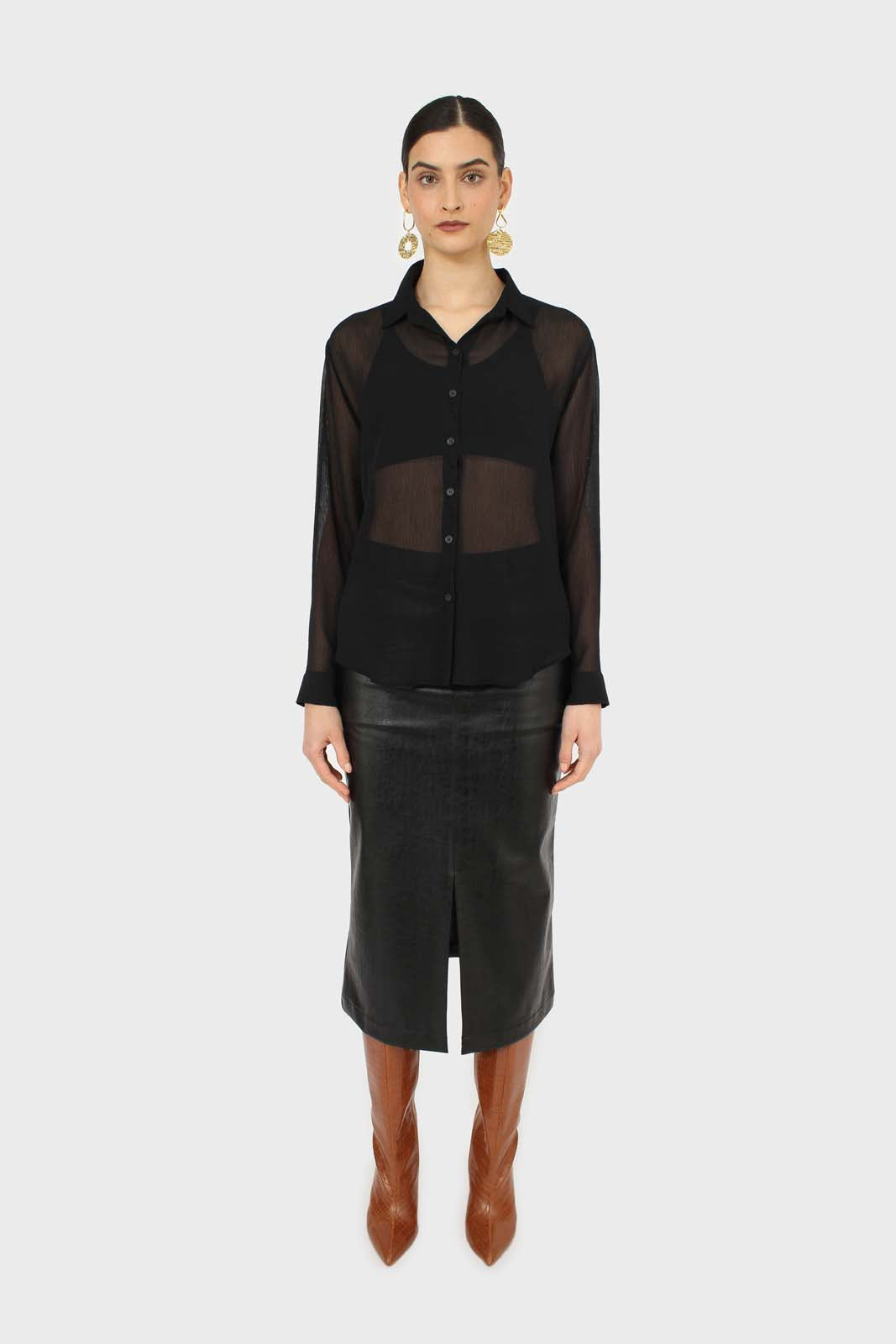 Black sheer silky shirt blouse_2