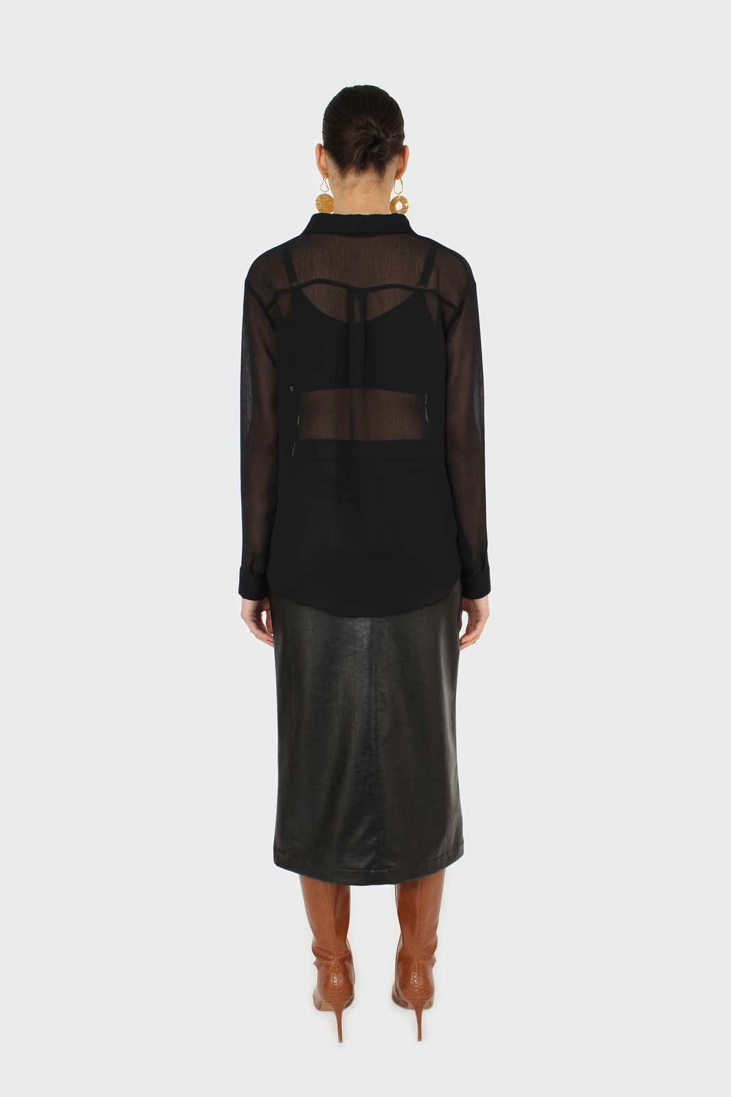 Black sheer silky shirt blouse_4