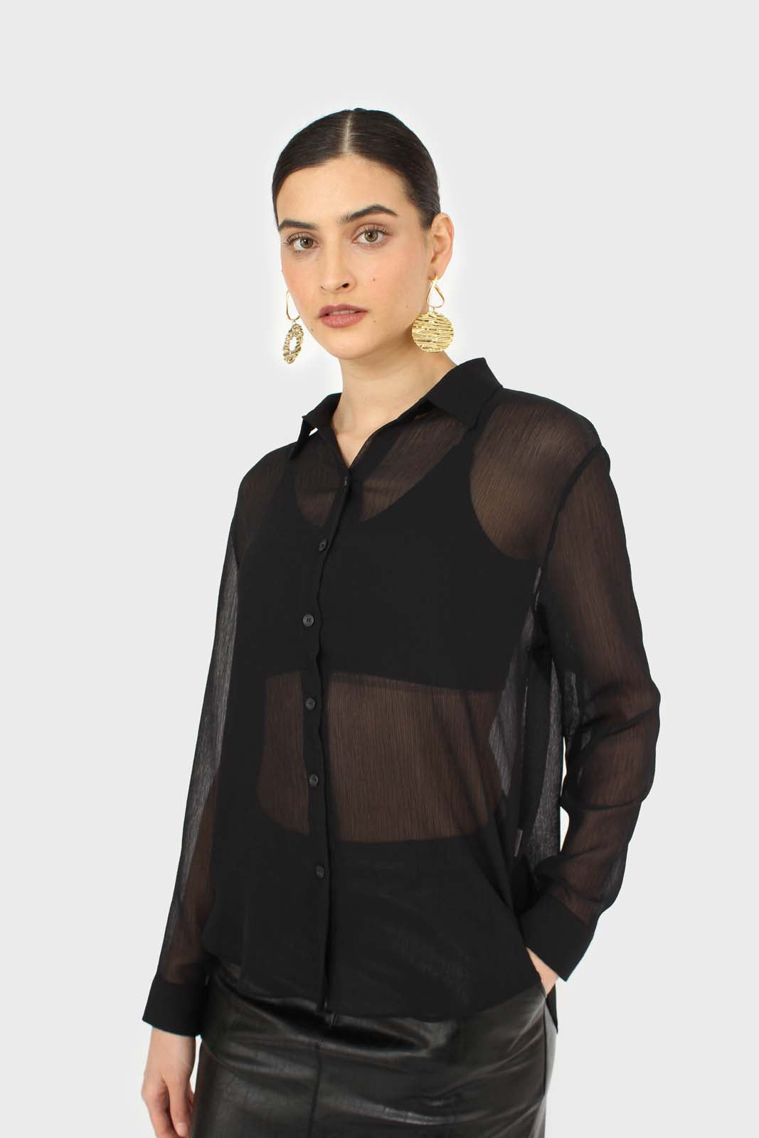 Black sheer silky shirt blouse_1