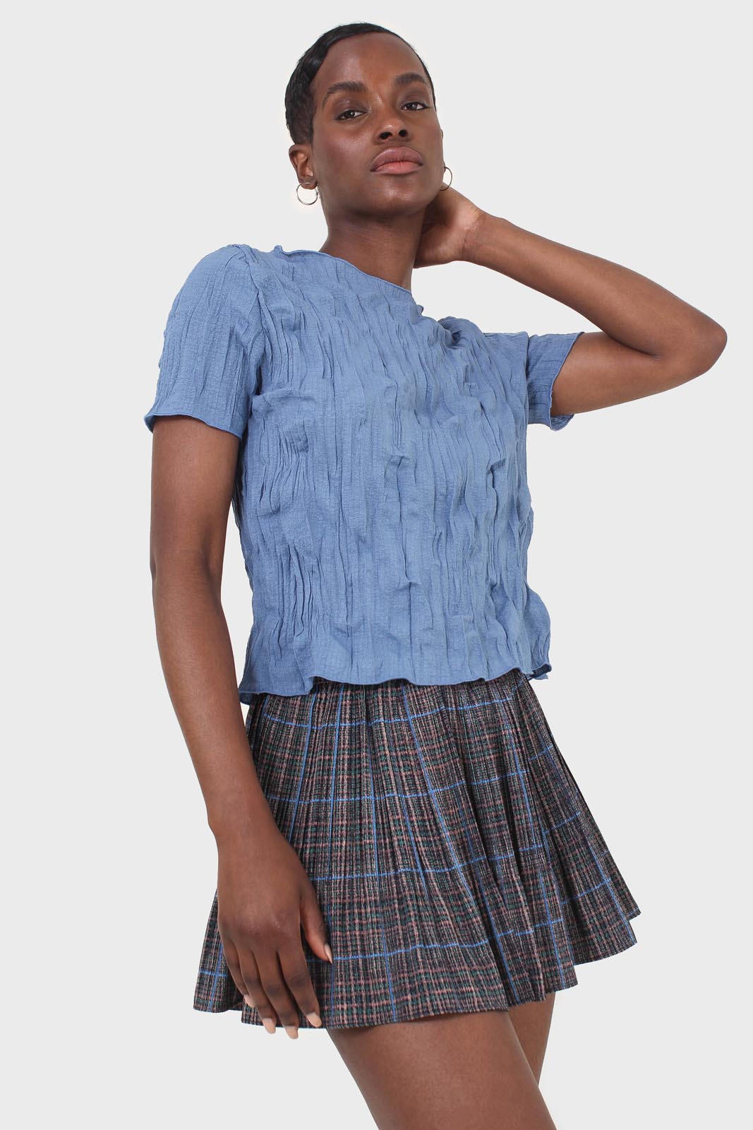 Blue checked flare pleated mini skirt_5