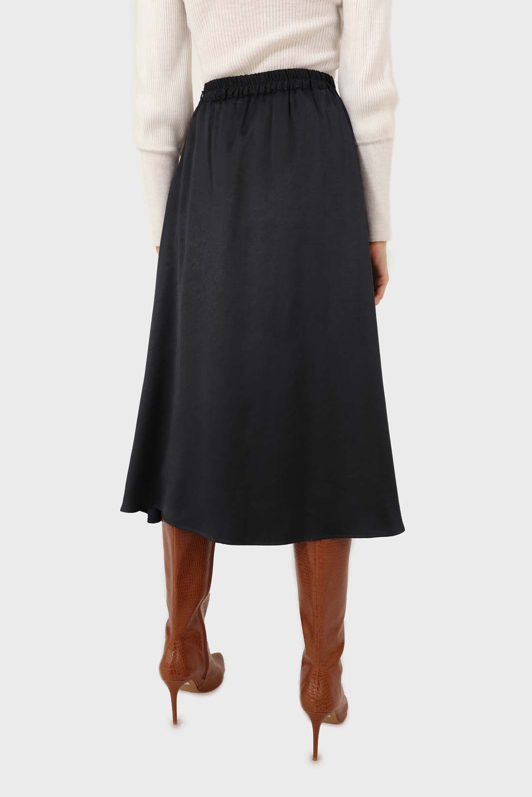 Navy silky flare front pocket midi skirt_5