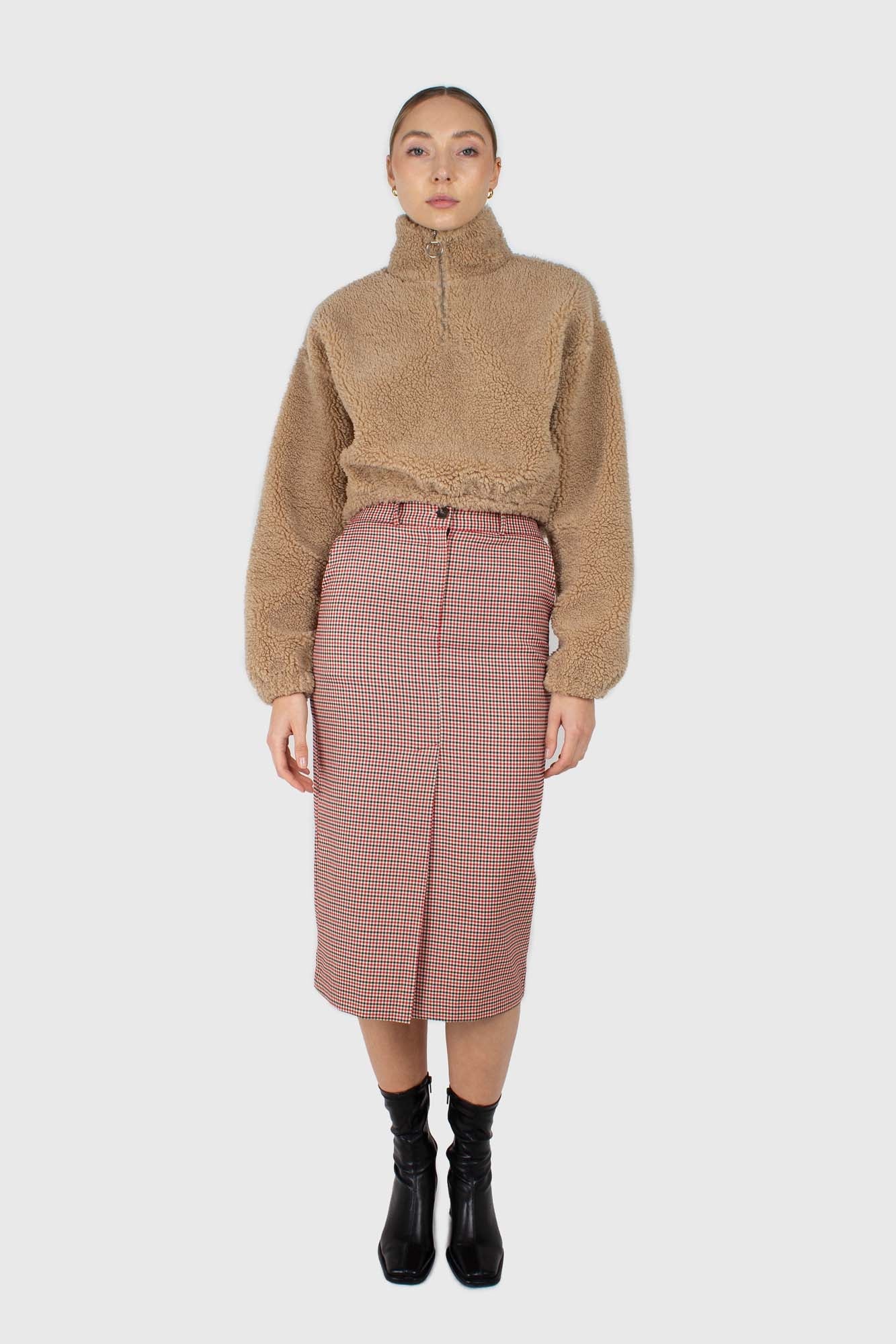 Red and beige check front split midi skirt_5