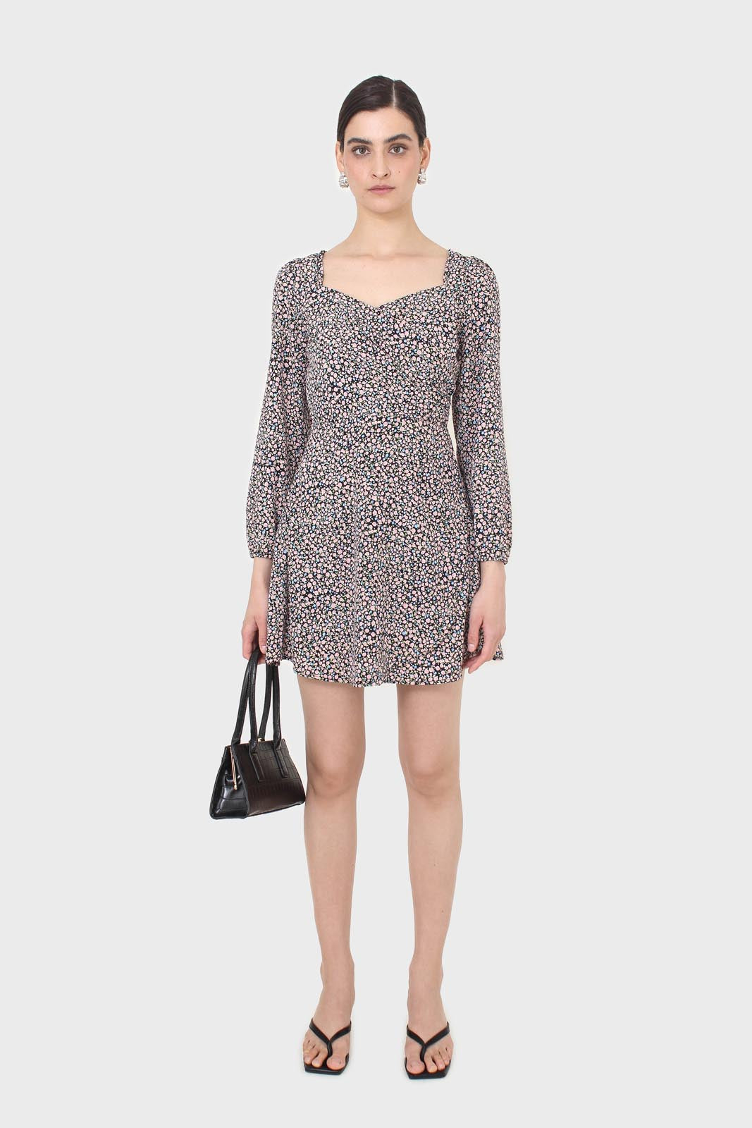 Black pink and blue floral wrap midi dress_1