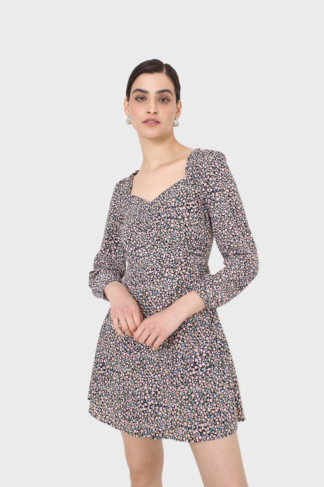 Black pink and blue floral wrap midi dress_7