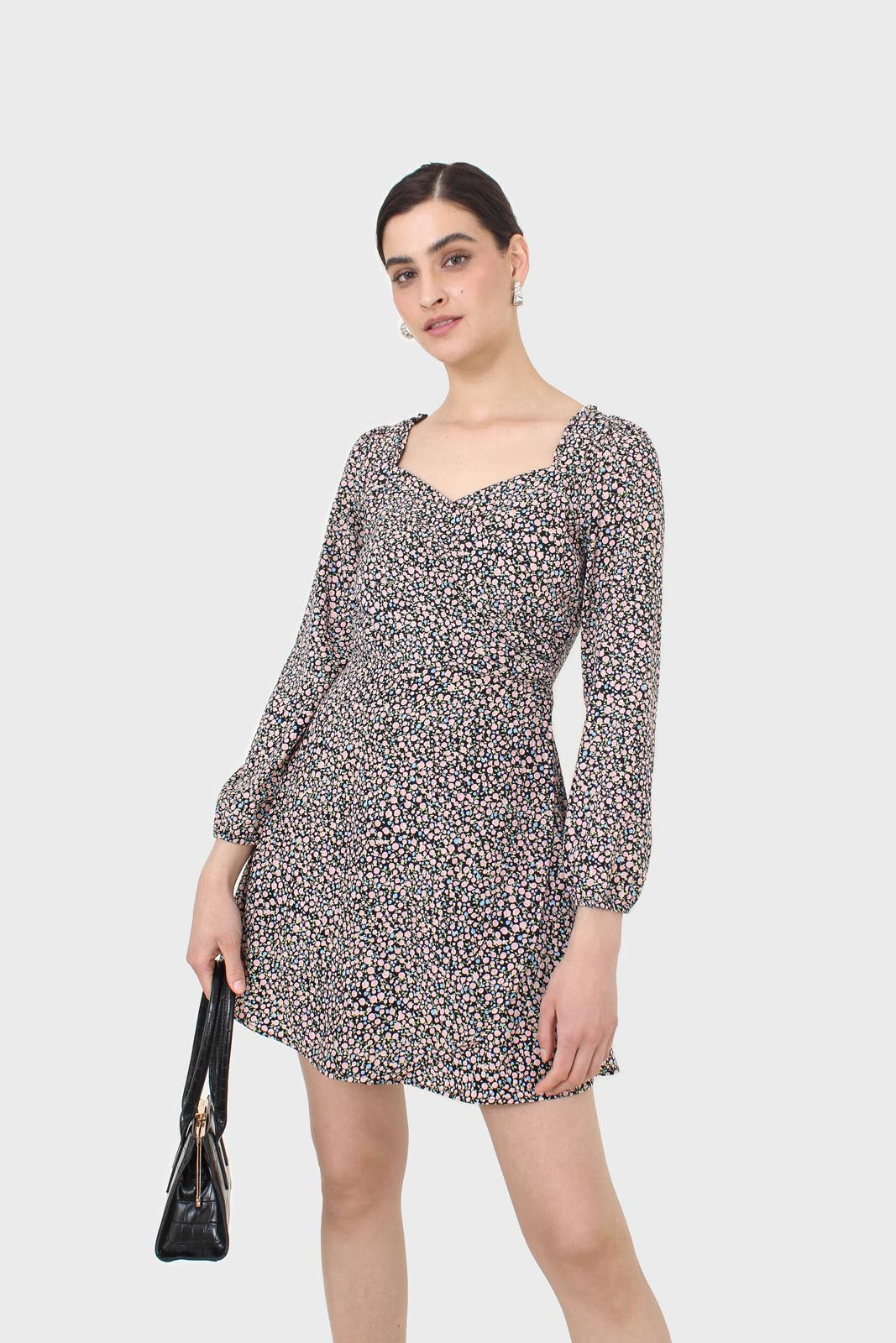 Black pink and blue floral wrap midi dress_4