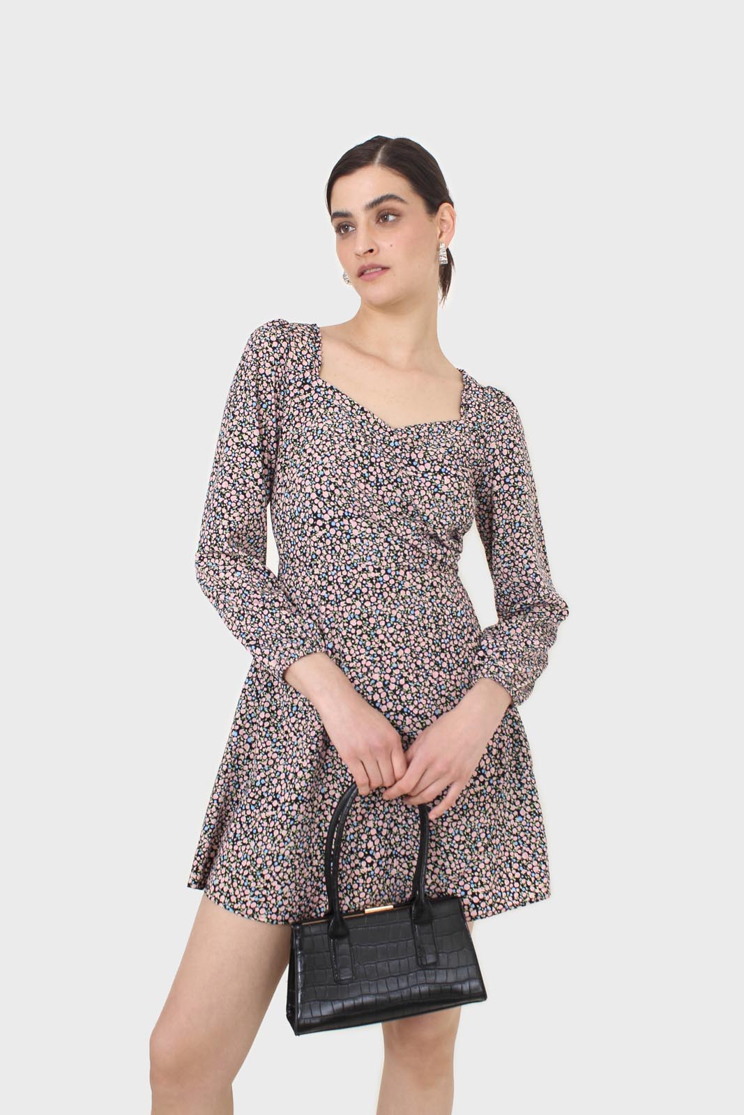 Black pink and blue floral wrap midi dress_9