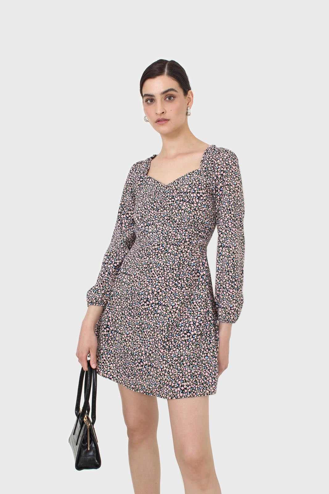 Black pink and blue floral wrap midi dress_10