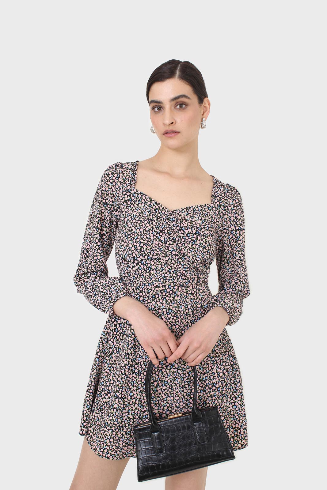 Black pink and blue floral wrap midi dress_2