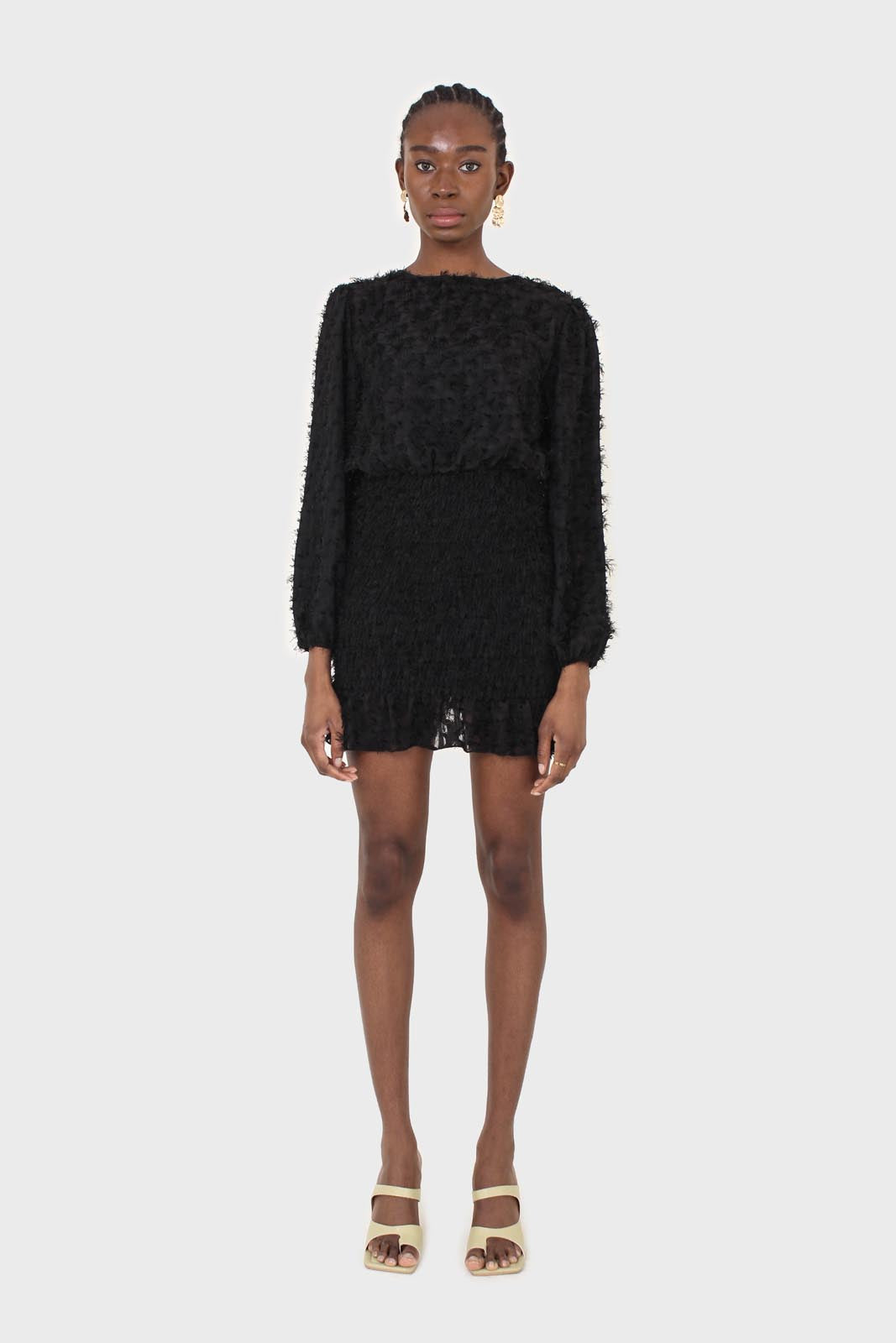 Black tufted sheer long sleeved ruched bottom dress_2