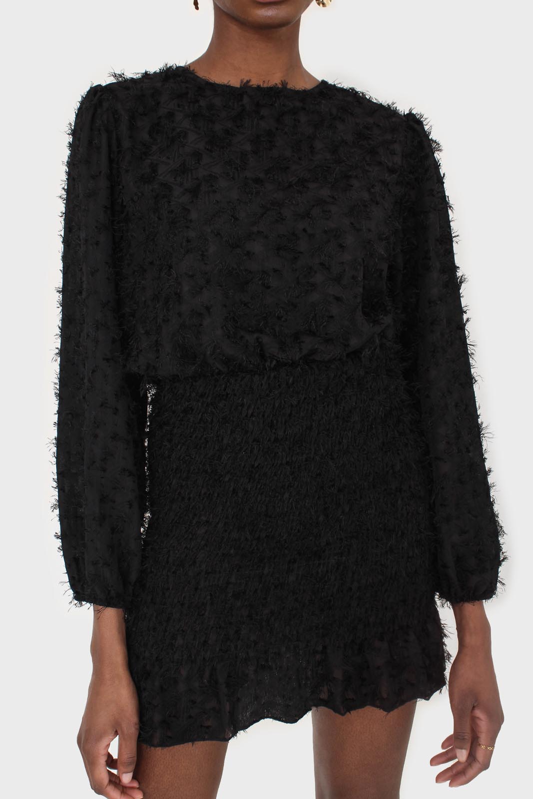 Black tufted sheer long sleeved ruched bottom dress_9