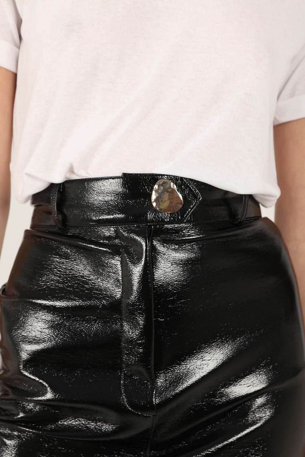 Black PVC front slit gold button maxi skirt_3