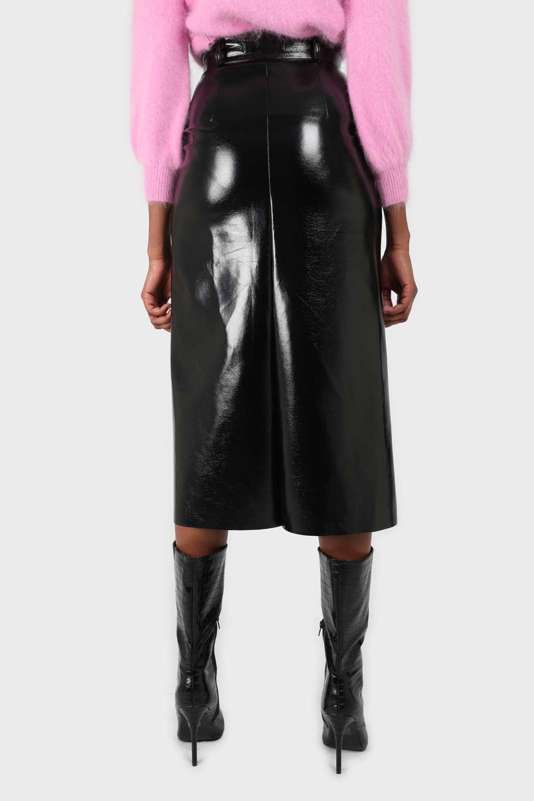 Black PVC front slit gold button maxi skirt_5