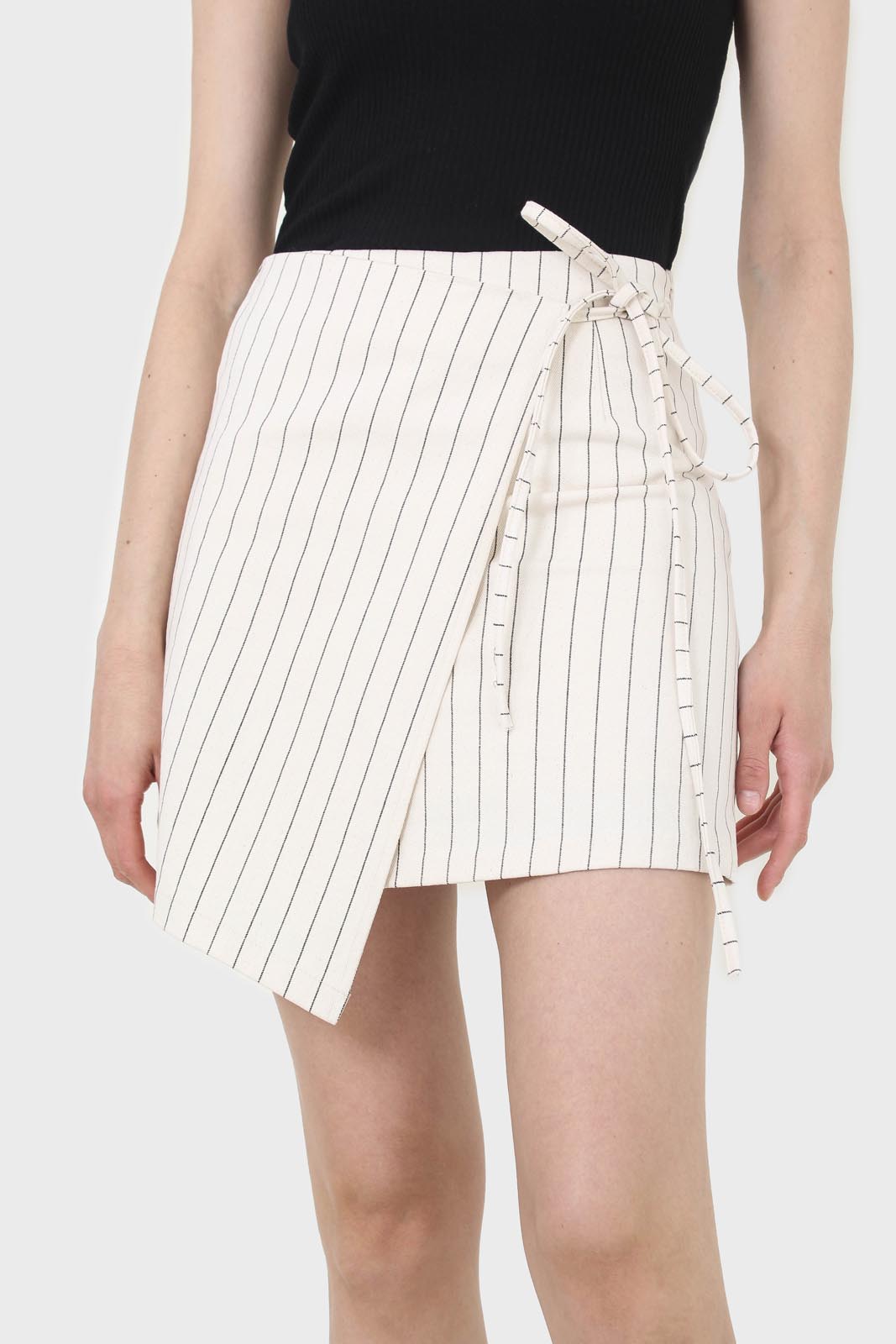 Cream and black pinstripe wrap mini skirt_1