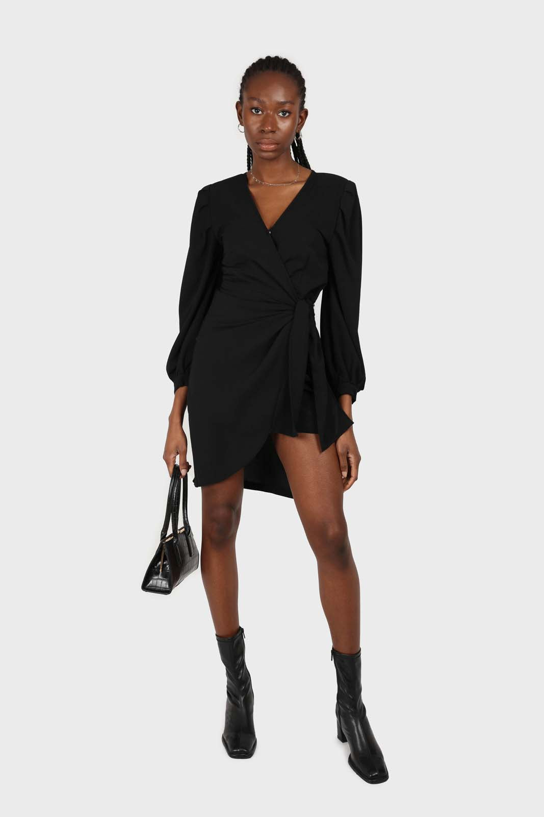 Black plunging neck wrap waist midi dress_1