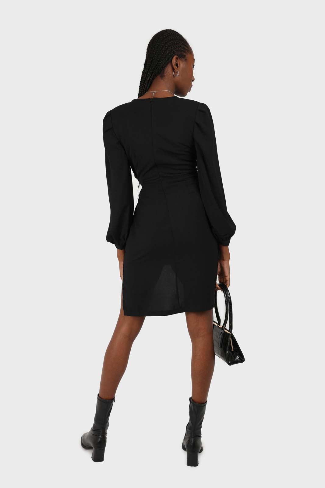 Black plunging neck wrap waist midi dress_2