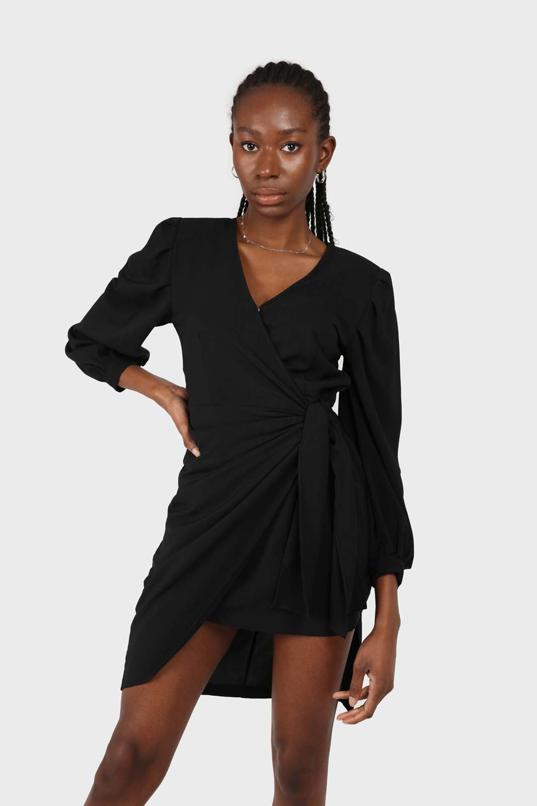 Black plunging neck wrap waist midi dress_3