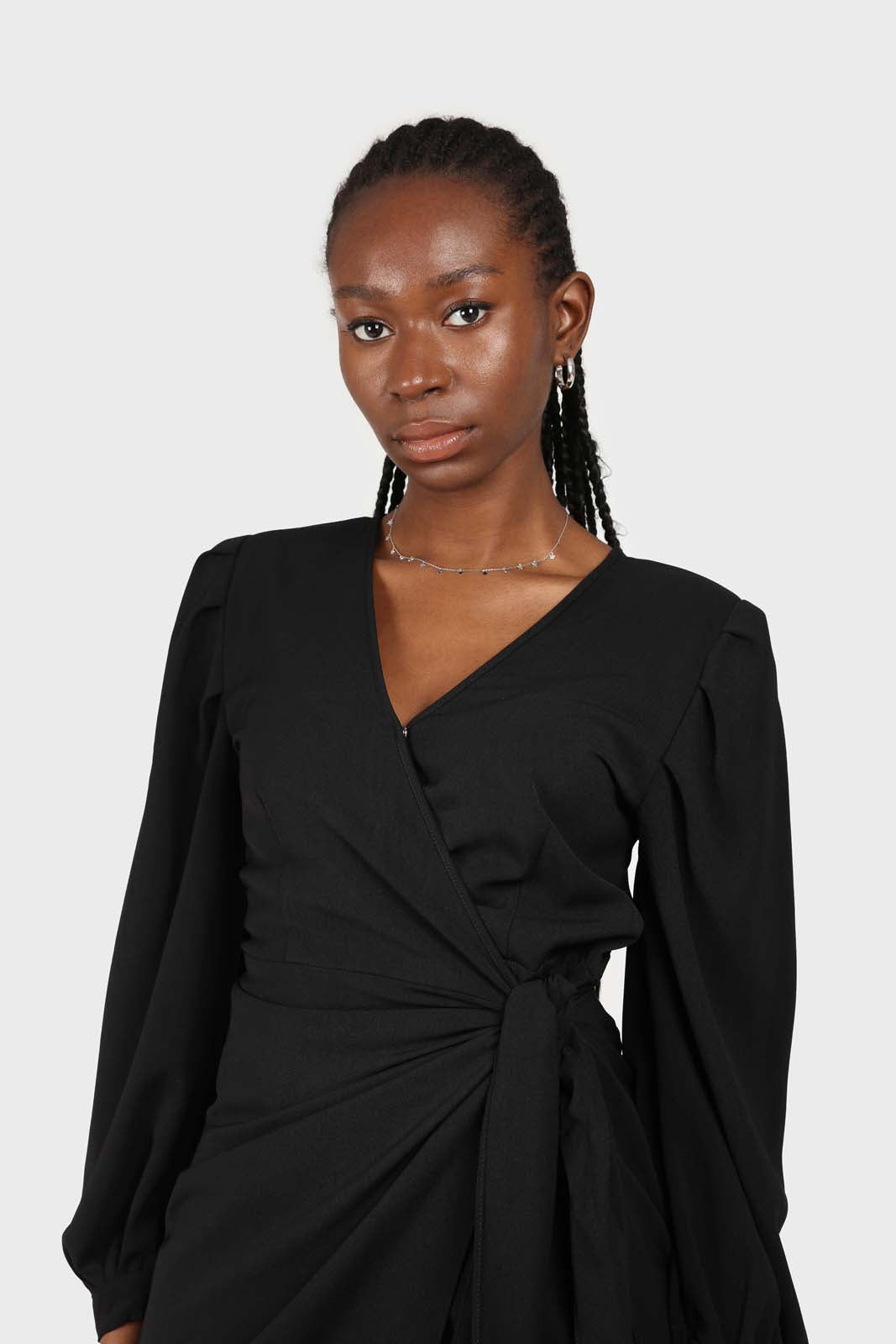 Black plunging neck wrap waist midi dress_4