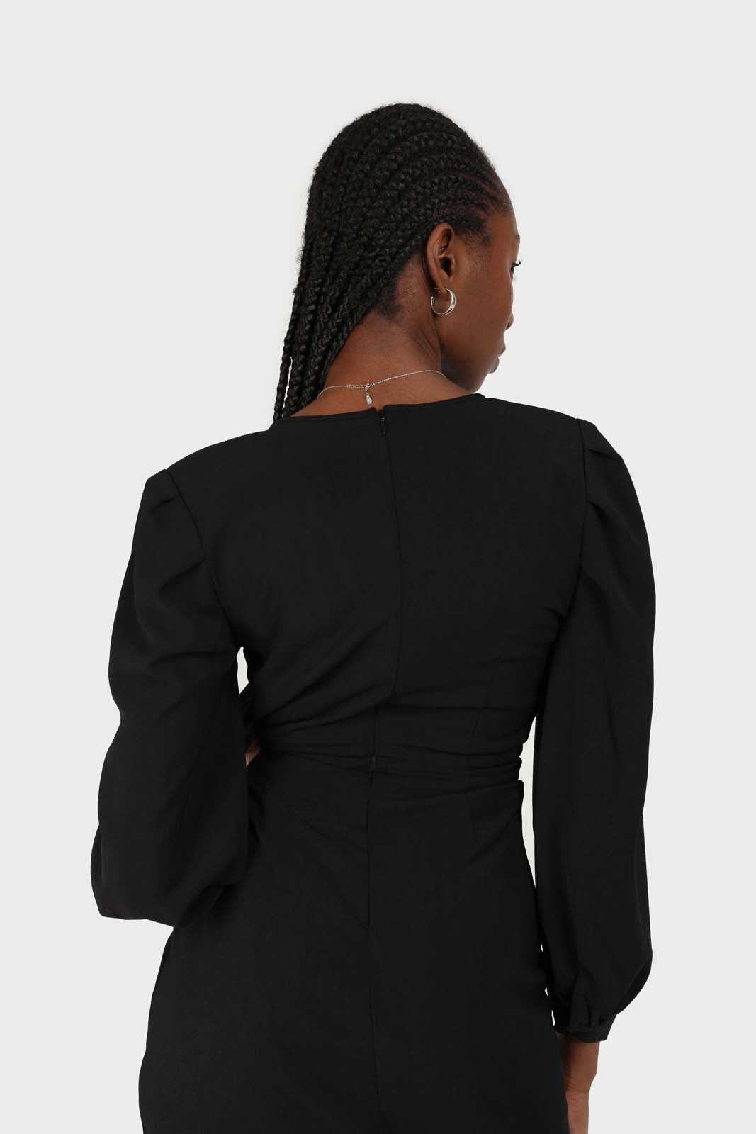 Black plunging neck wrap waist midi dress_5