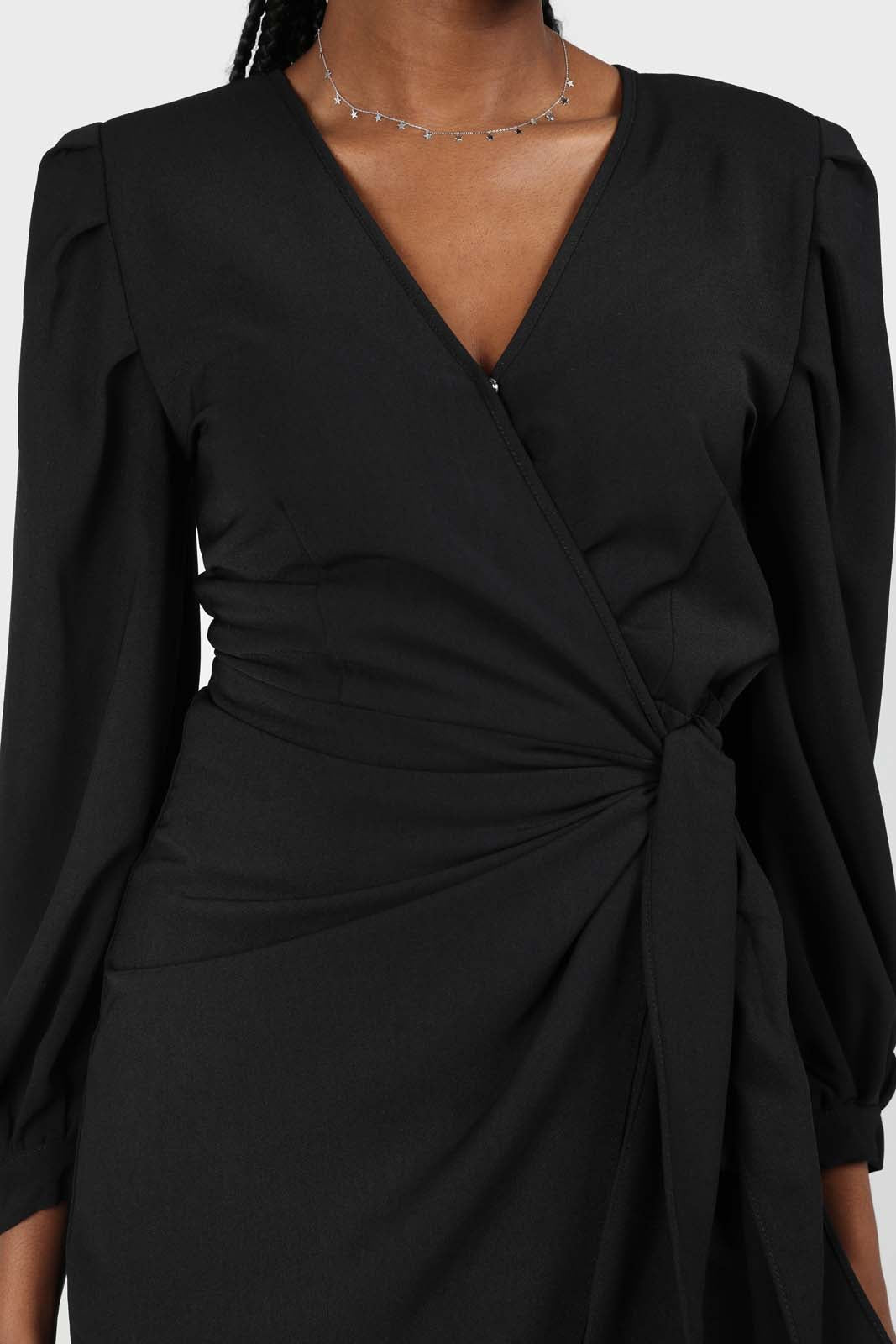 Black plunging neck wrap waist midi dress_6