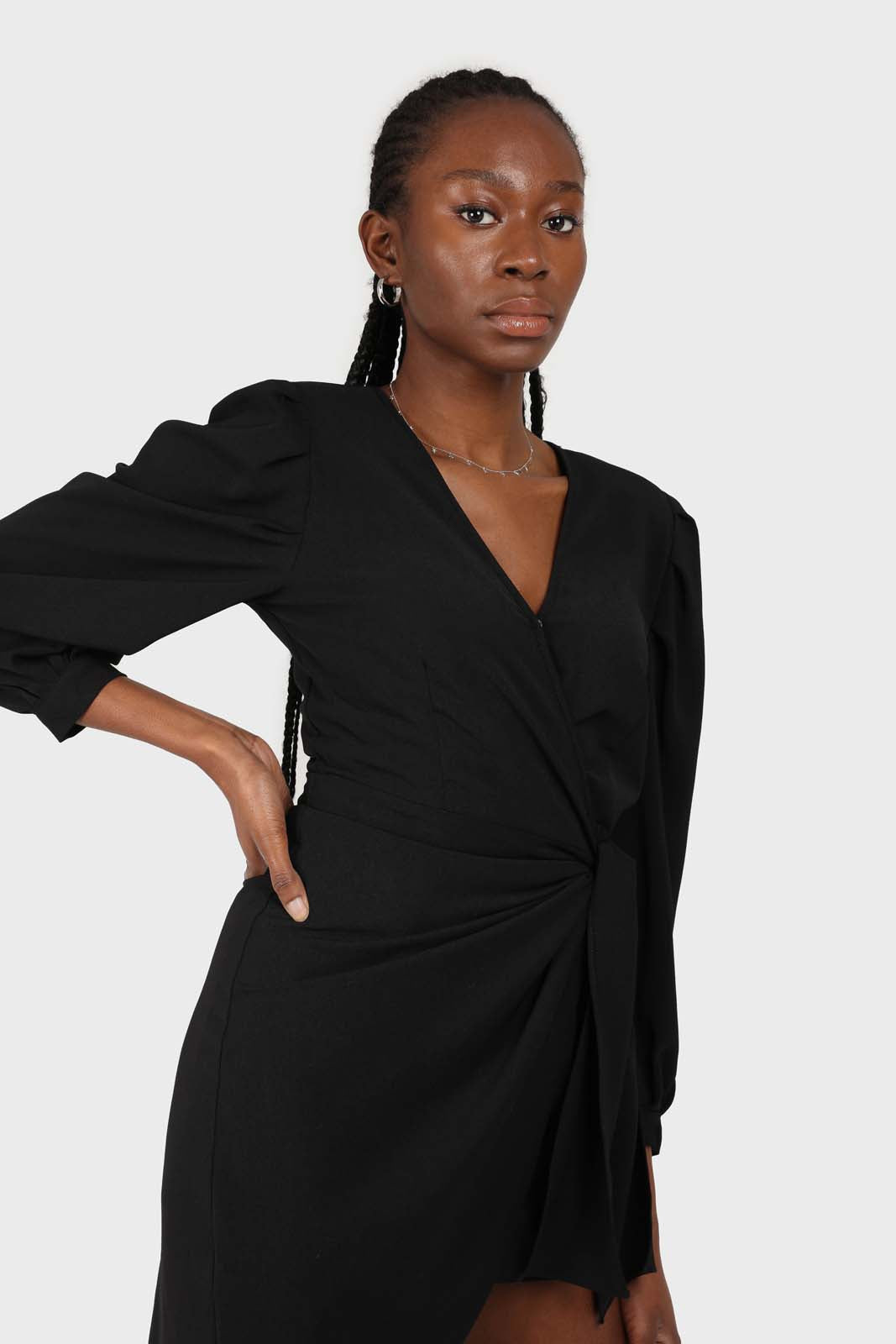 Black plunging neck wrap waist midi dress_7