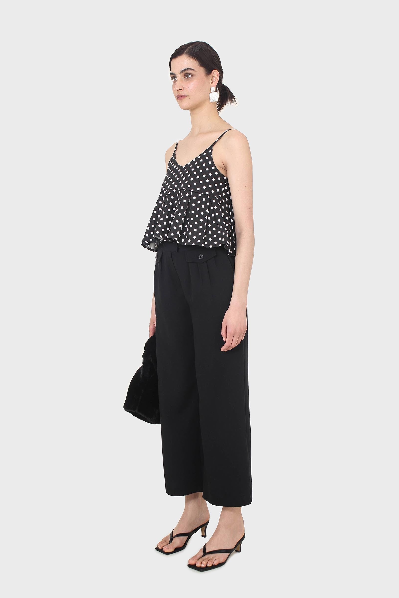 Black flap pocket wide leg smart trousers_6