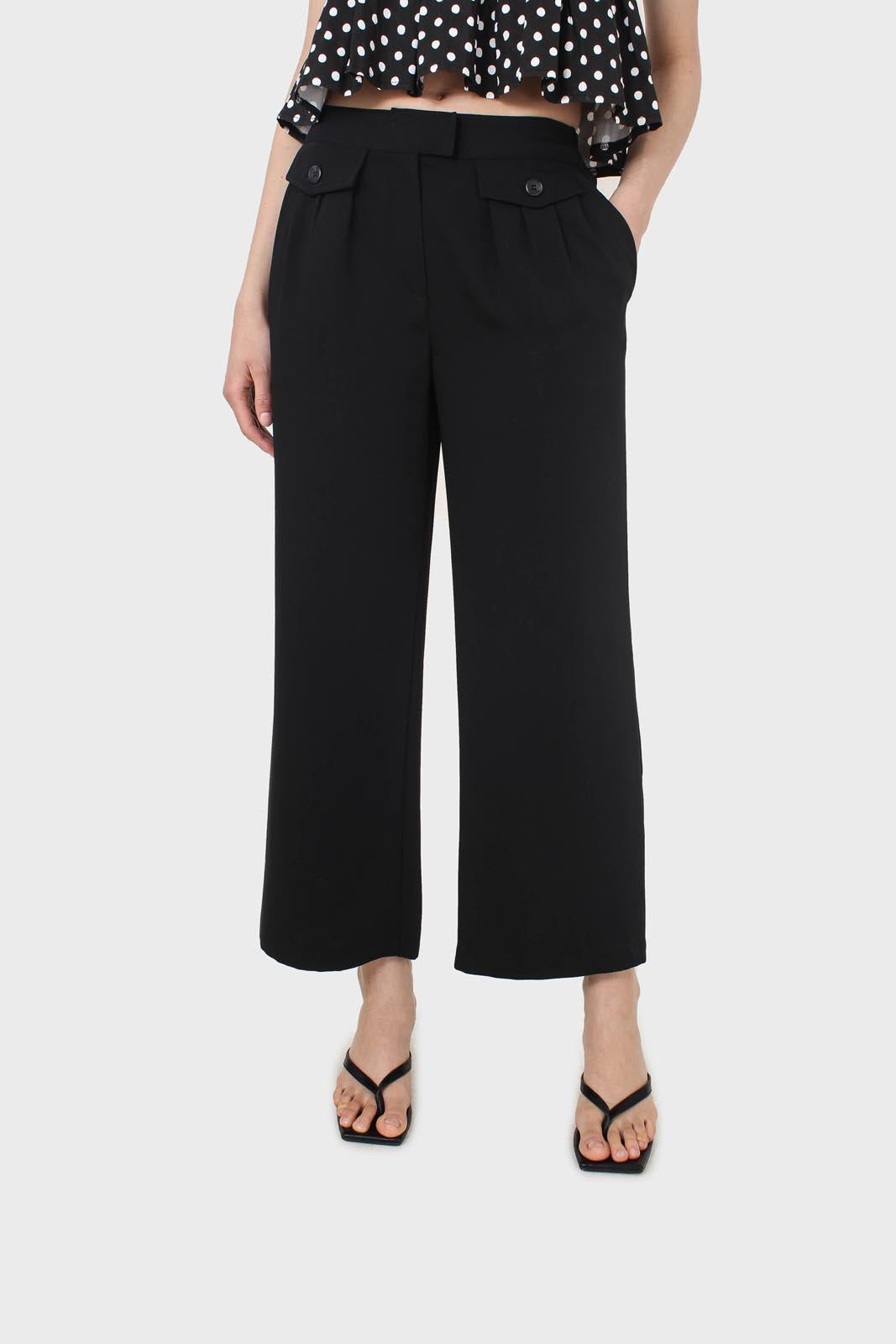 Black flap pocket wide leg smart trousers_1