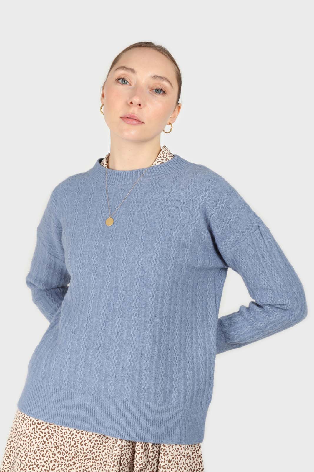 Blue patterned brush crew neck jumper_1