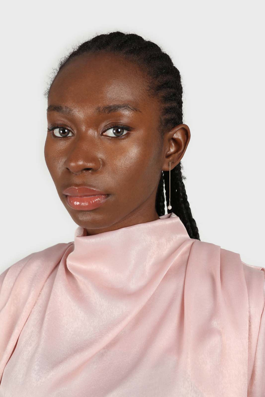 Pink wide shoulder drape detail high neck blouse_4