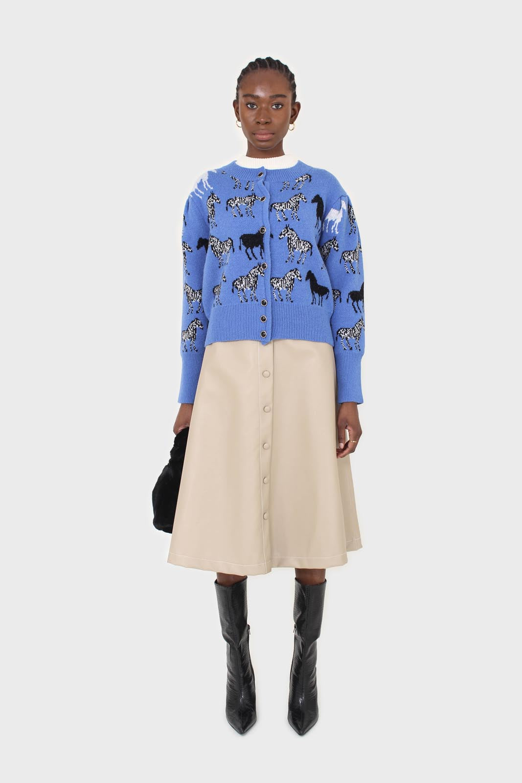 Beige vegan leather contrast stitch button maxi skirt_1