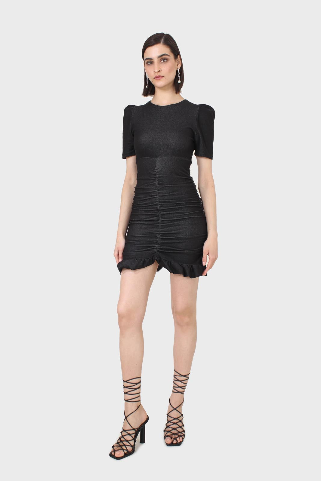 Black ruched short sleeved mini dress_8