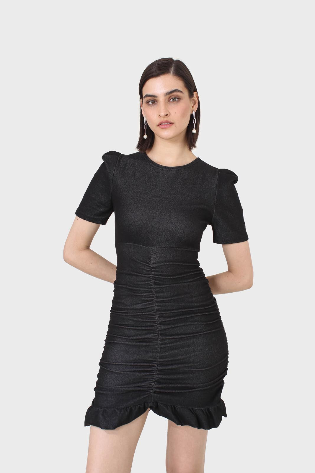 Black ruched short sleeved mini dress_6