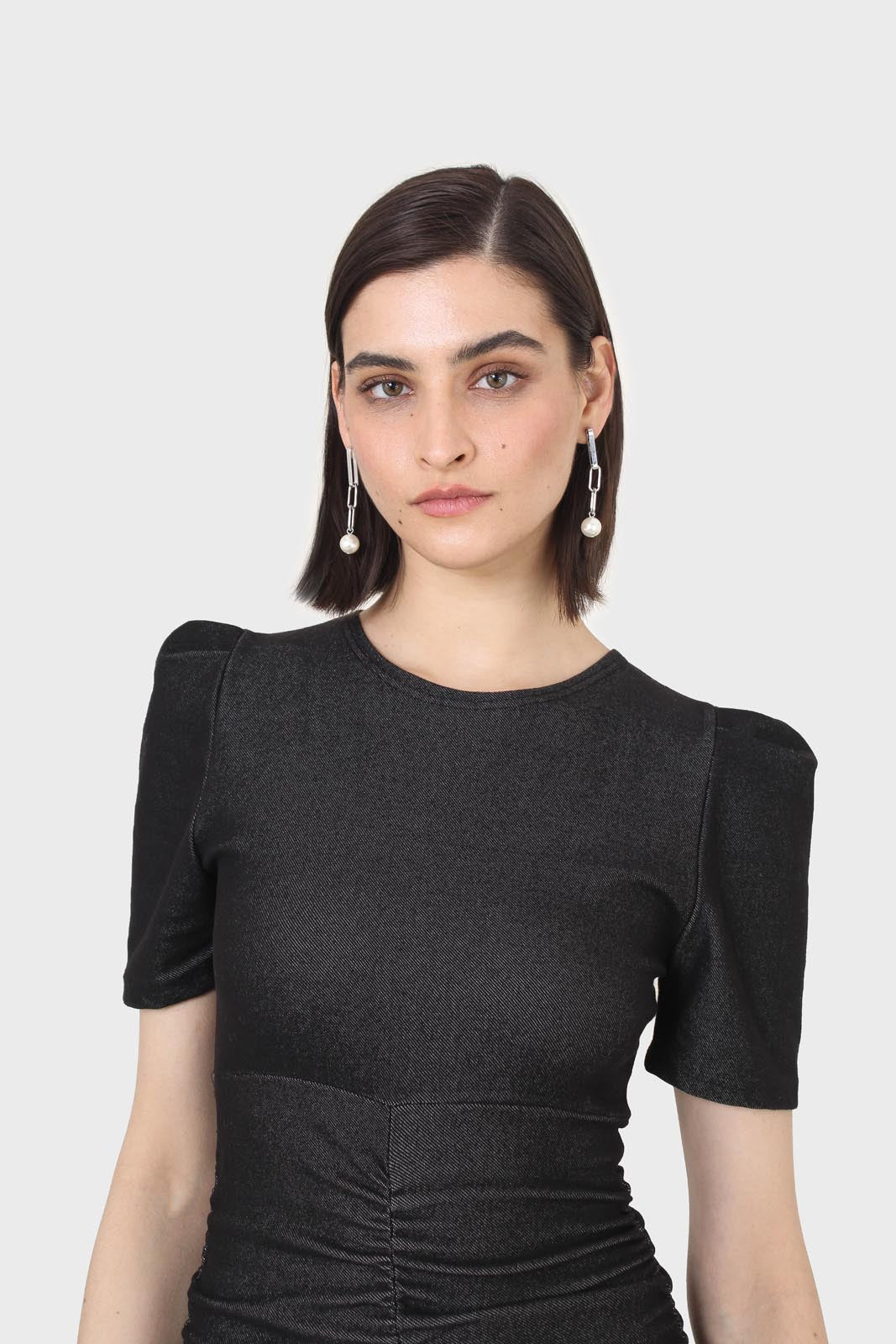 Black ruched short sleeved mini dress_7