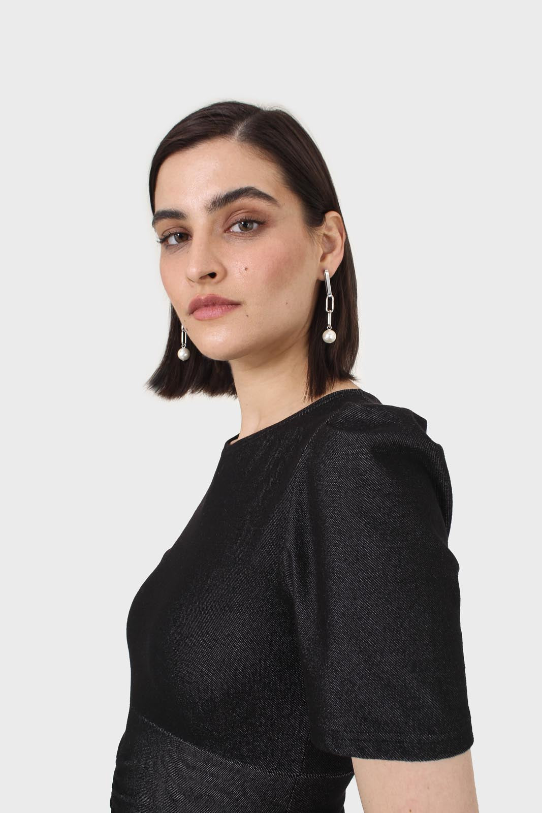 Black ruched short sleeved mini dress_9