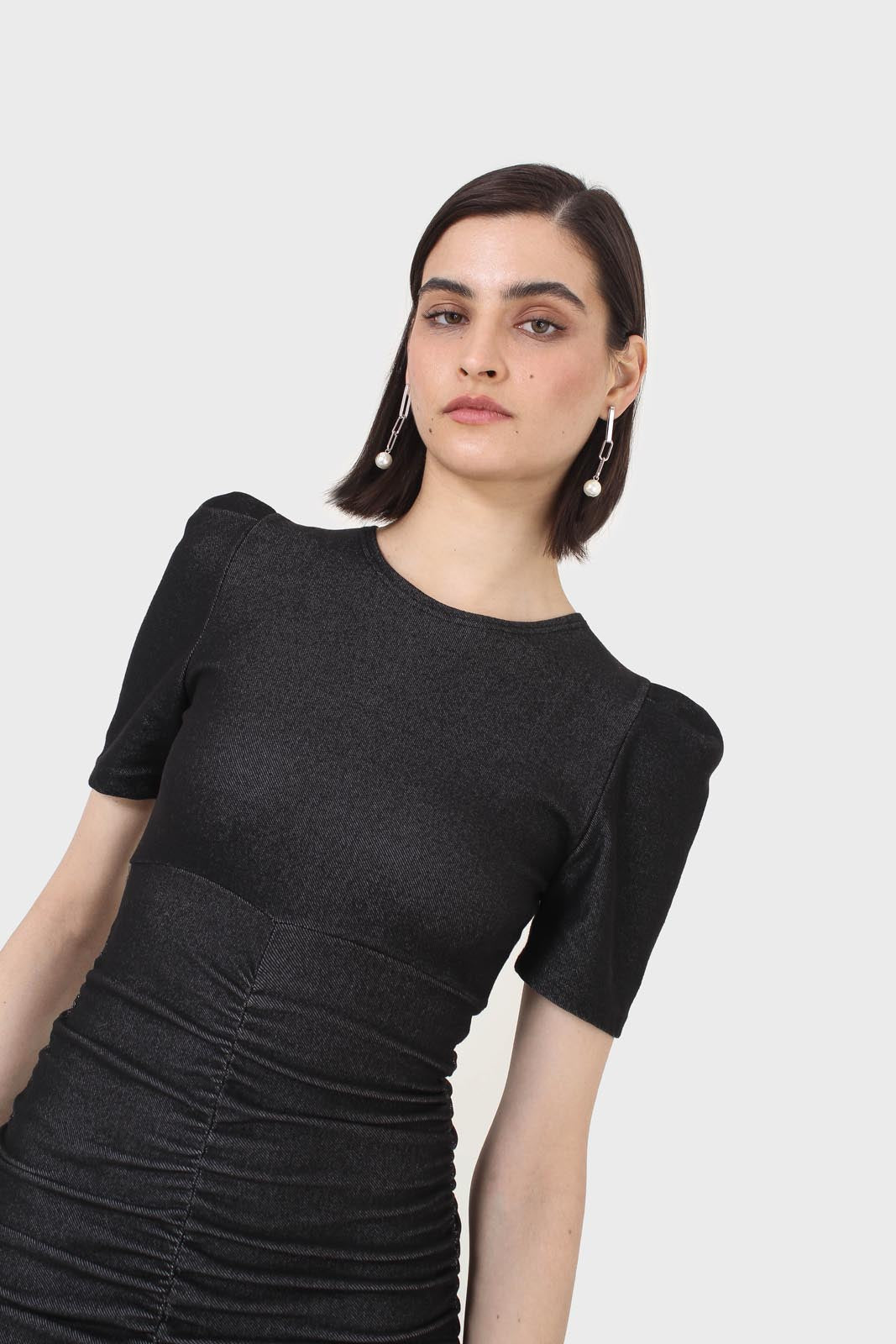 Black ruched short sleeved mini dress_2