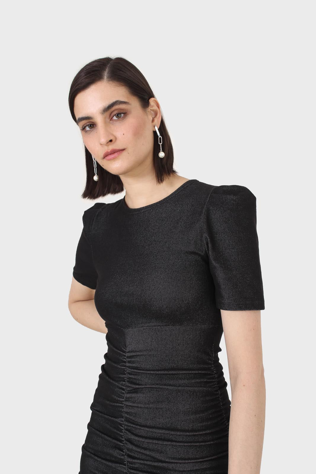 Black ruched short sleeved mini dress_5